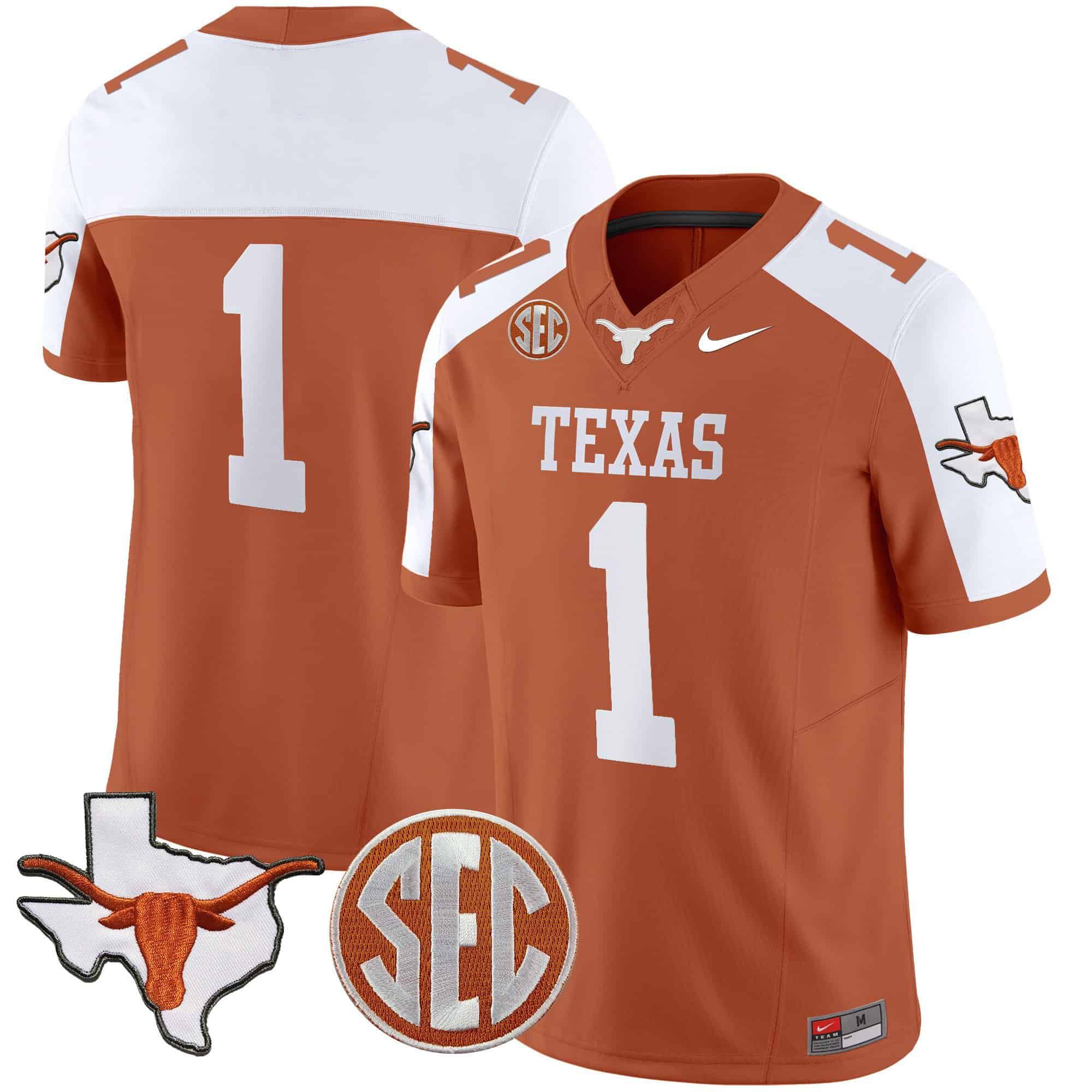 Men Texas Longhorns #1 No Name Orange 2024 Nike State Map & SEC Patch Vapor NCAA Jersey->indianapolis colts->NFL Jersey